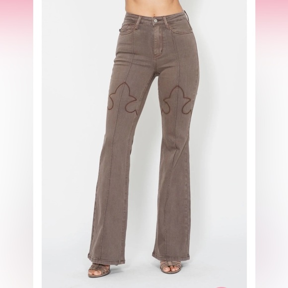 Judy Blue High Waist Garment Dyed Knee Seam Detail Brown Flare Denim - Picture 1 of 10